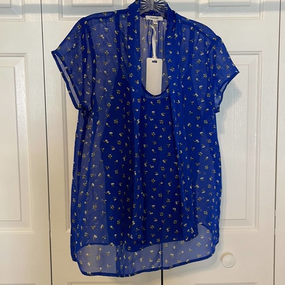 Pleione 2 piece Blue Tank Under Sheer Floral Cap Sleeve Top with Tie Small NWT - Picture 10 of 11
